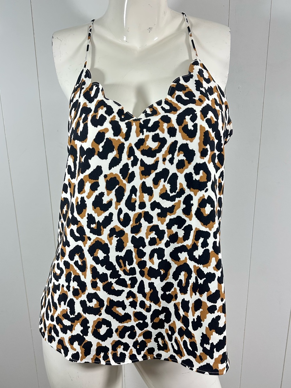 J Crew Size 10 Black & Tan Animal Print Scalloped V-neck Cami Top